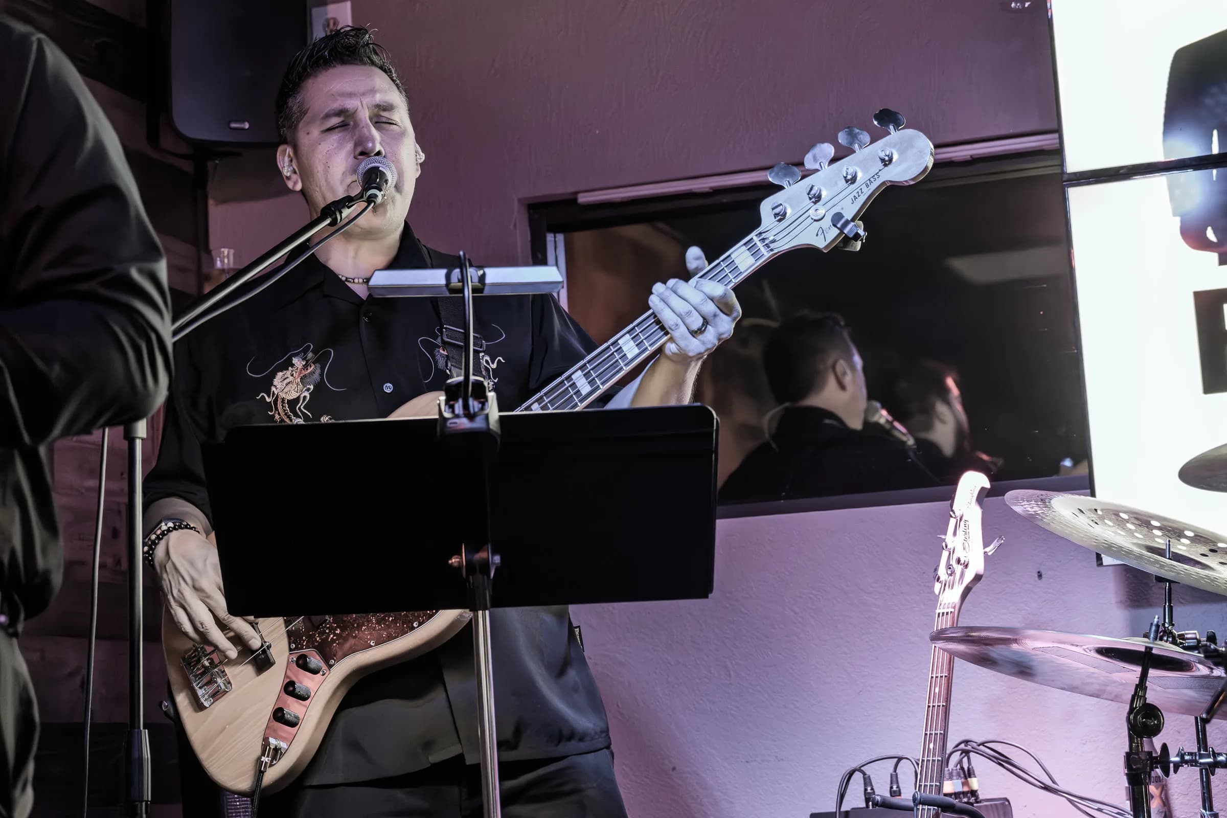 A bass player from The Brassanovas performing live